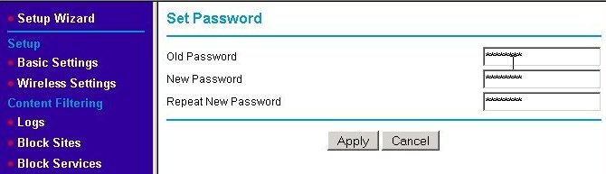 WAP Change Password screen