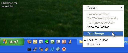 Selecting the Task Manager from the Task bar